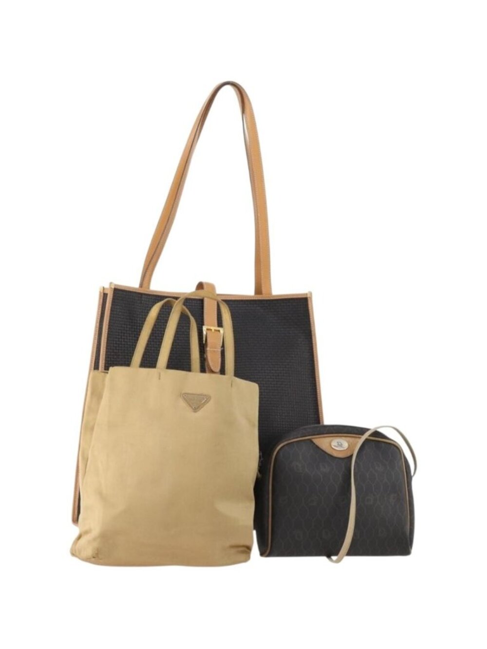BALLY PRADA Dior Honeycomb Canvas Bag PVC Leather Satin 3 Set Black
